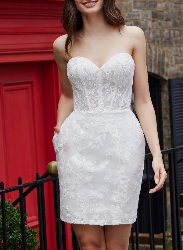 Sheath Column Sweetheart Lace Tulle Wedding Dresses With Bow(s)