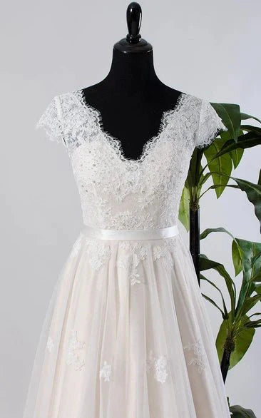 Cap Sleeve Tulle Lace Satin Weddig Dress With Low-V Back