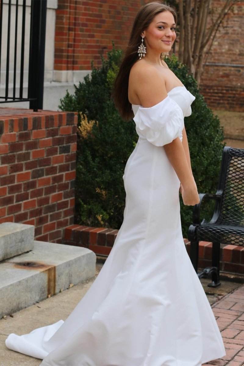White Off-the-Shoulder Puff Sleeve Mermaid Long Wedding Dress