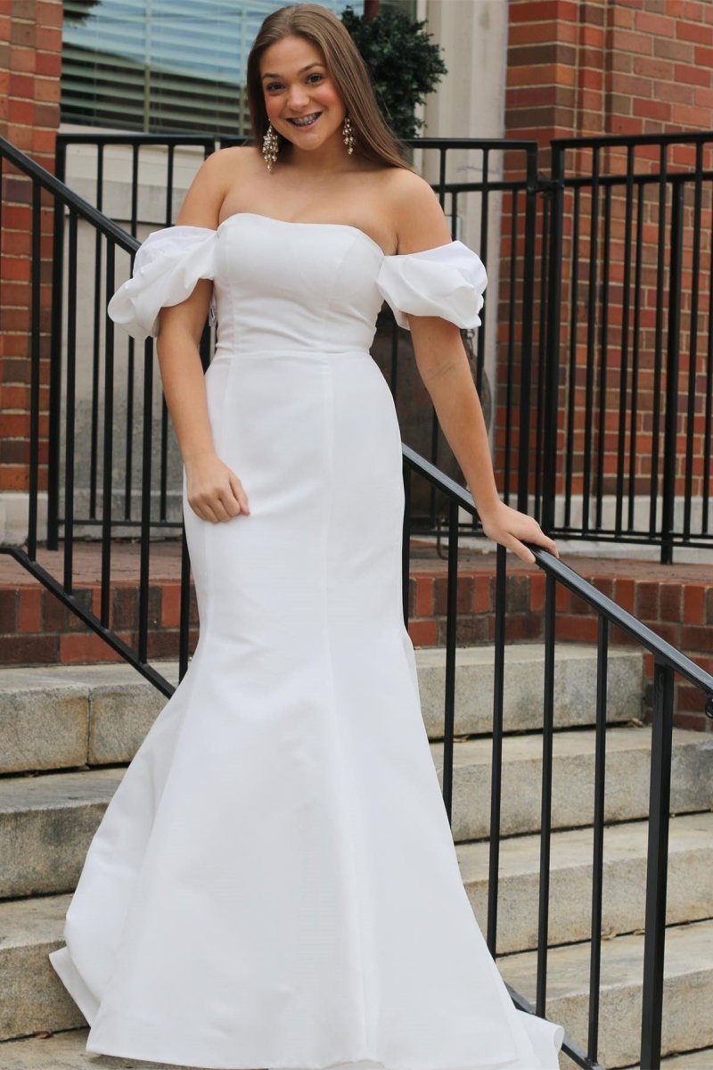 White Off-the-Shoulder Puff Sleeve Mermaid Long Wedding Dress