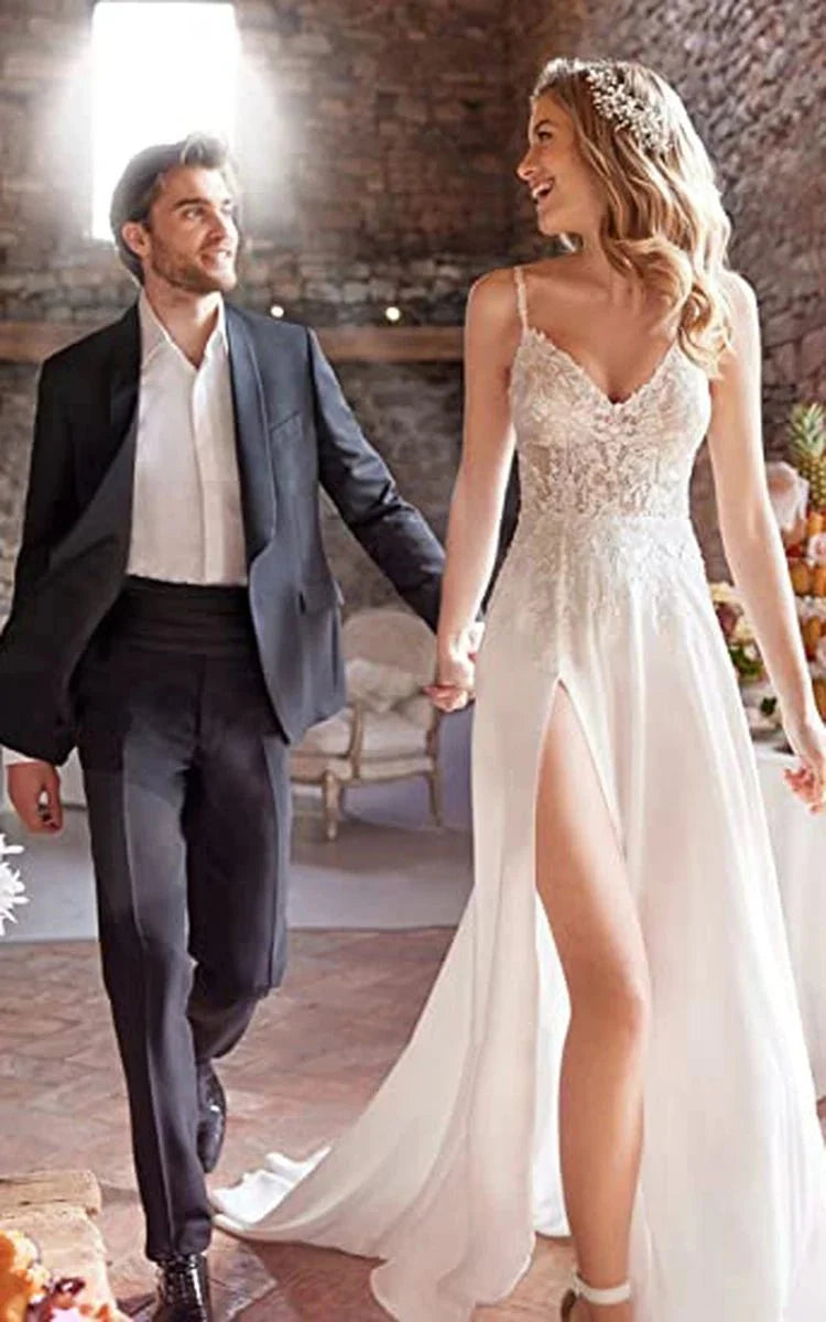 A-Line Spaghetti Chiffon Wedding Dress Simple Bohemian Elegant Summer Beach Garden With Open Back And Sleevesless And Split Front