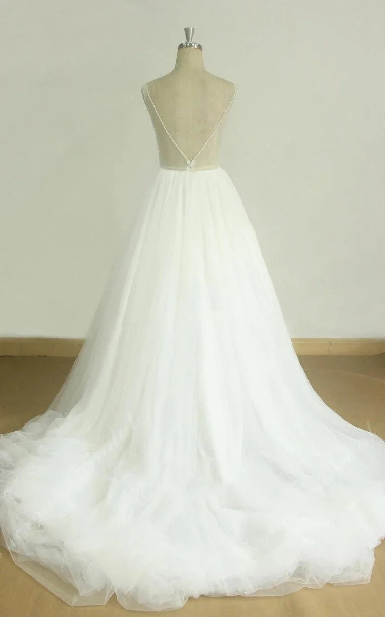 A-Line V-Neck Chapel Train Sleeveless Deep V Back Tulle Appliques Weddig Dress