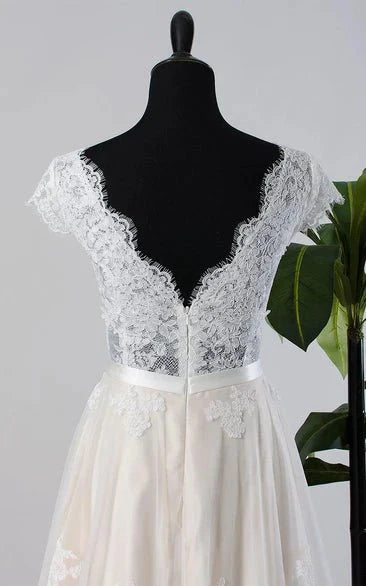 Cap Sleeve Tulle Lace Satin Weddig Dress With Low-V Back