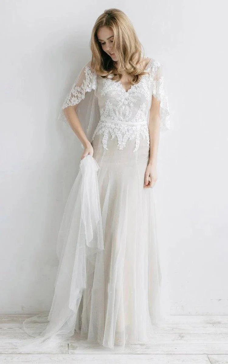 Ethereal V-Neck Bat Sleeve Tulle Dress With Pleats And Appliques