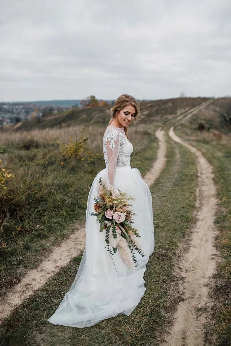 Glamorous Bohemian Illusion Sleeves Lace Two Piece Court Train Wedding Dress