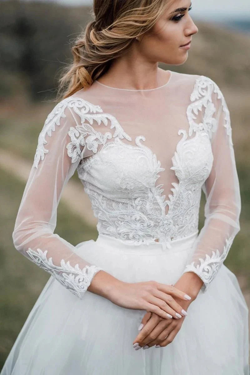 Glamorous Bohemian Illusion Sleeves Lace Two Piece Court Train Wedding Dress