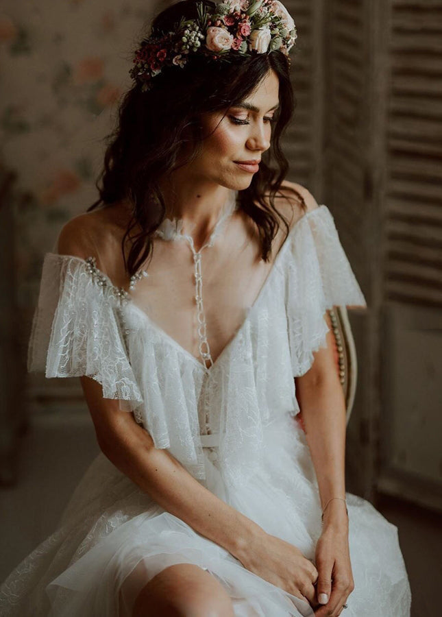 High Split A-Line See-through Short Sleeves Ruffle Tulle Wedding Brides Dress