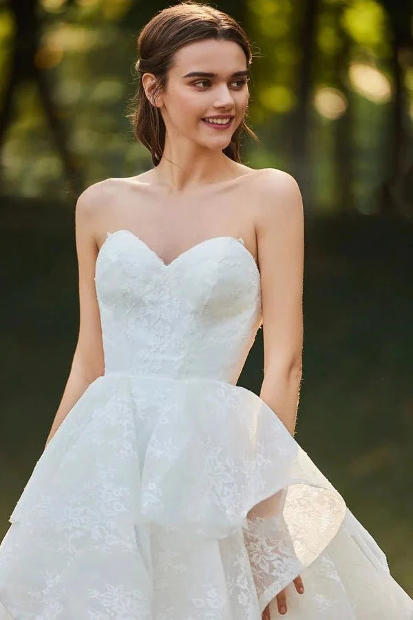 Runa | Lace Open Back Sweetheart Cascading Ruffles Sleeveless Bridal Ball Gown