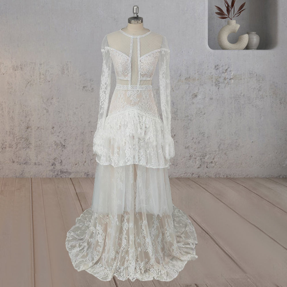 Mermaid Tiered Lace Train Boho Beach Wedding Dress