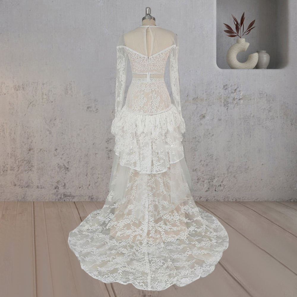 Mermaid Tiered Lace Train Boho Beach Wedding Dress