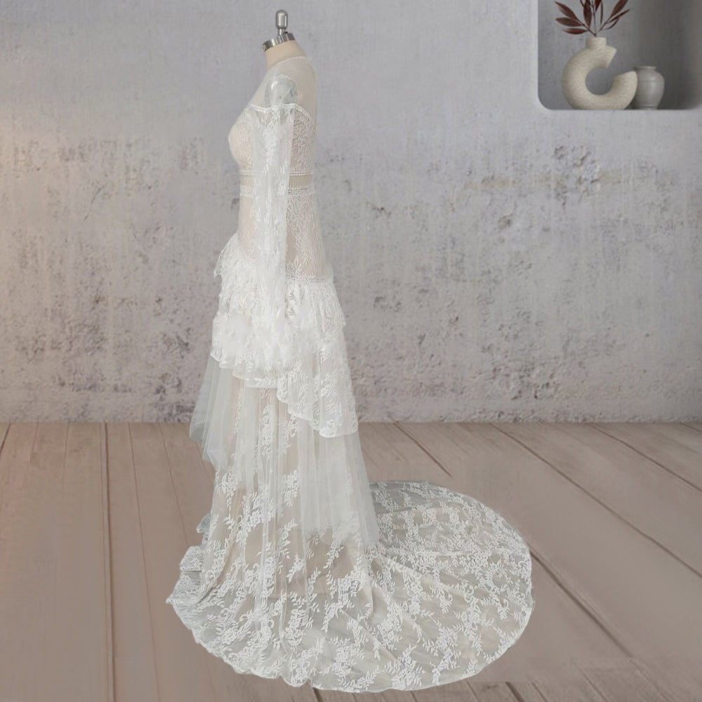 Mermaid Tiered Lace Train Boho Beach Wedding Dress