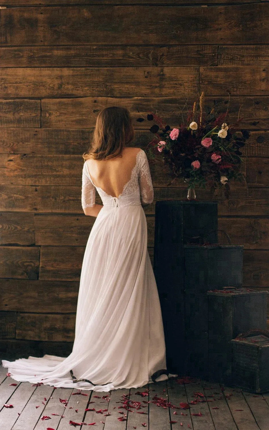 Romantic Style 3/4 Sleeve Long Chiffon Dress With Lace Bodice
