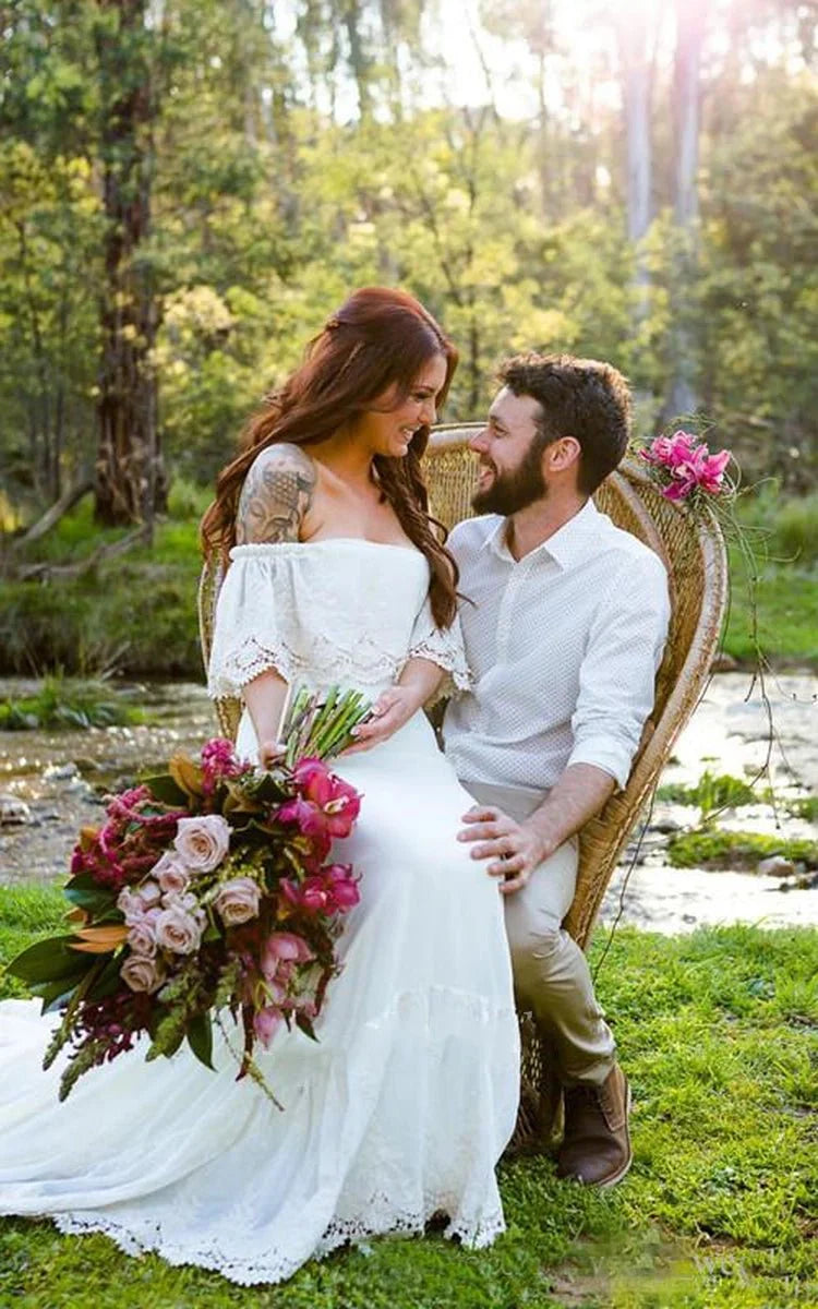 Short Sleeve Lace Boat Neck Appliques Court Train Bohemian Wedding Dress