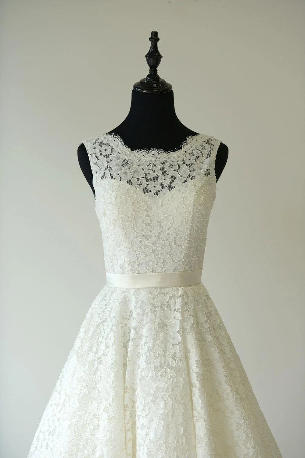 Sleeveless Sheer Illusion Neckline Tea Length Garden Bridal Dress With Waistband