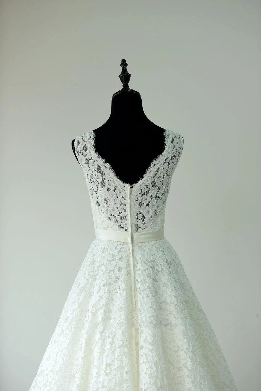 Sleeveless Sheer Illusion Neckline Tea Length Garden Bridal Dress With Waistband