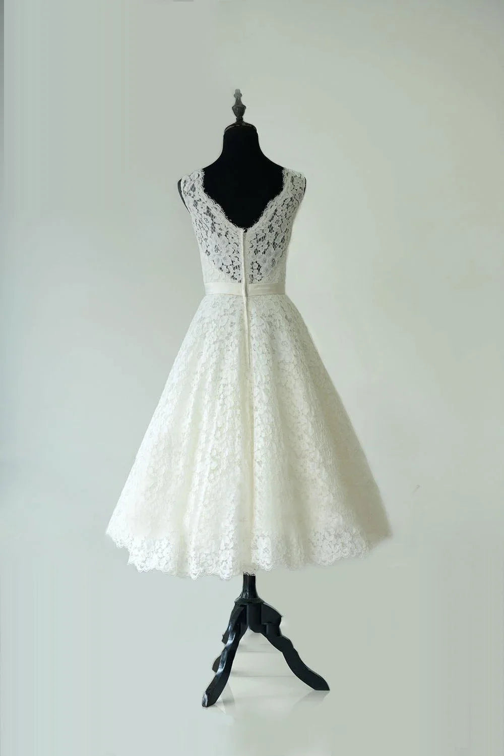 Sleeveless Sheer Illusion Neckline Tea Length Garden Bridal Dress With Waistband