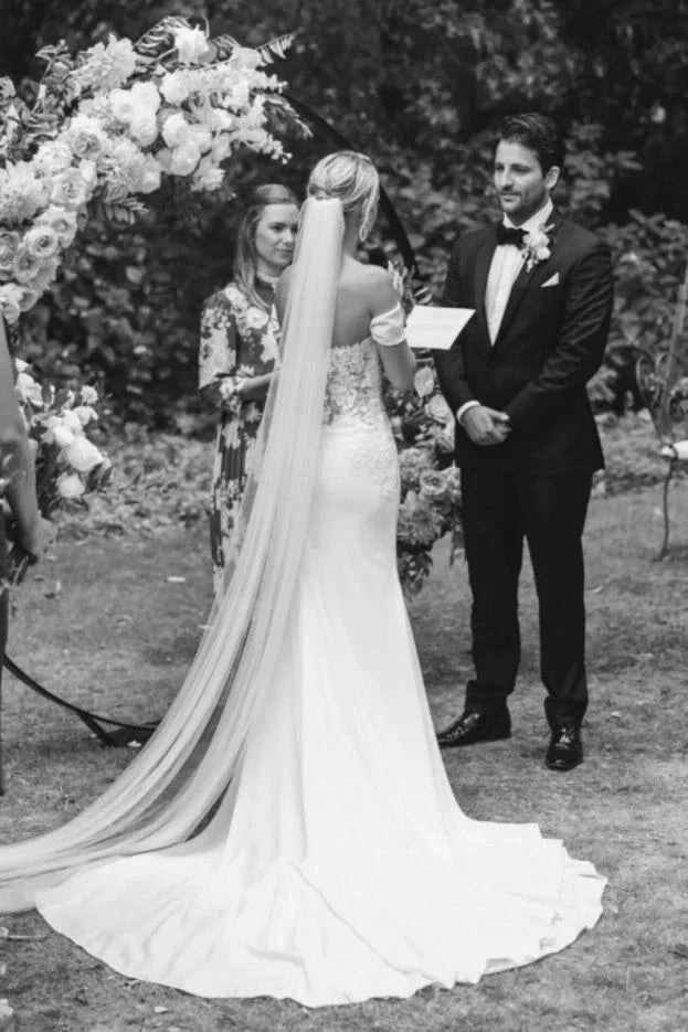 Split Front Off-the-shoulder Sexy Sweetheart Satin Wedding Dress With Lace