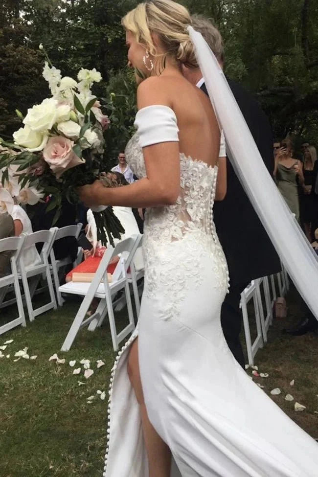 Split Front Off-the-shoulder Sexy Sweetheart Satin Wedding Dress With Lace