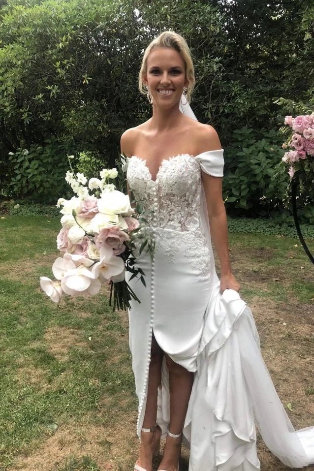 Split Front Off-the-shoulder Sexy Sweetheart Satin Wedding Dress With Lace