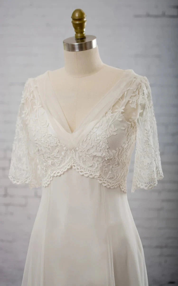 Sweetheart A-line Chiffon Dress With Half-sleeved Illusion Bodice
