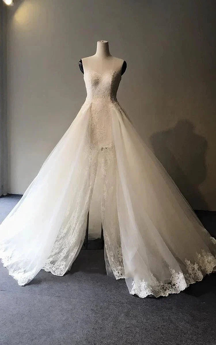 Sweetheart A-Line High Front Split Lace Appliques Formal Wedding Dress
