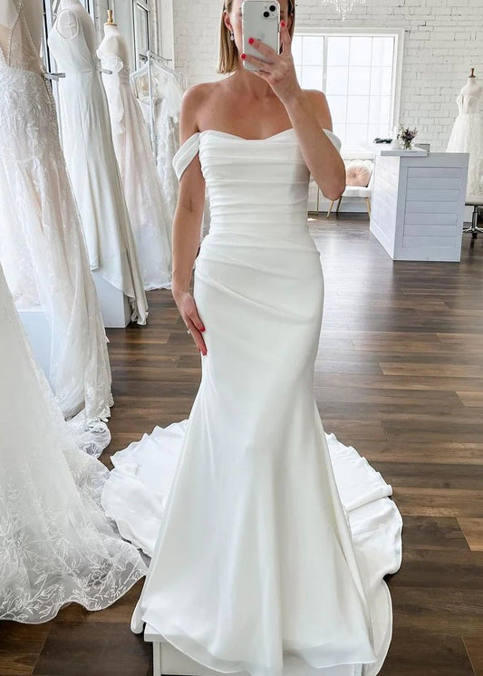Hariklia | Elegant Mermaid Off the Shoulder Elastic Satin Long Wedding Dresses