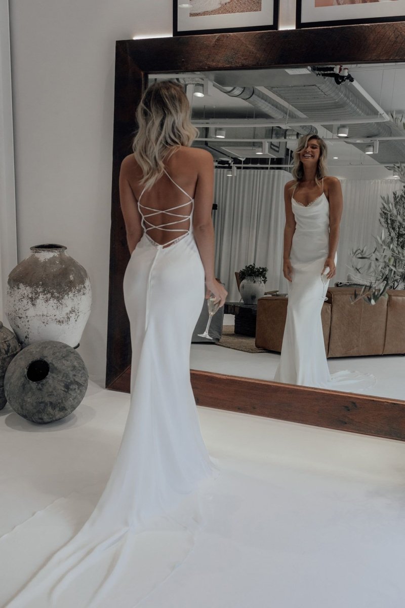 Cordelia | Mermaid Satin White Spaghetti-Straps Wedding Dresses With Lace-Up Back