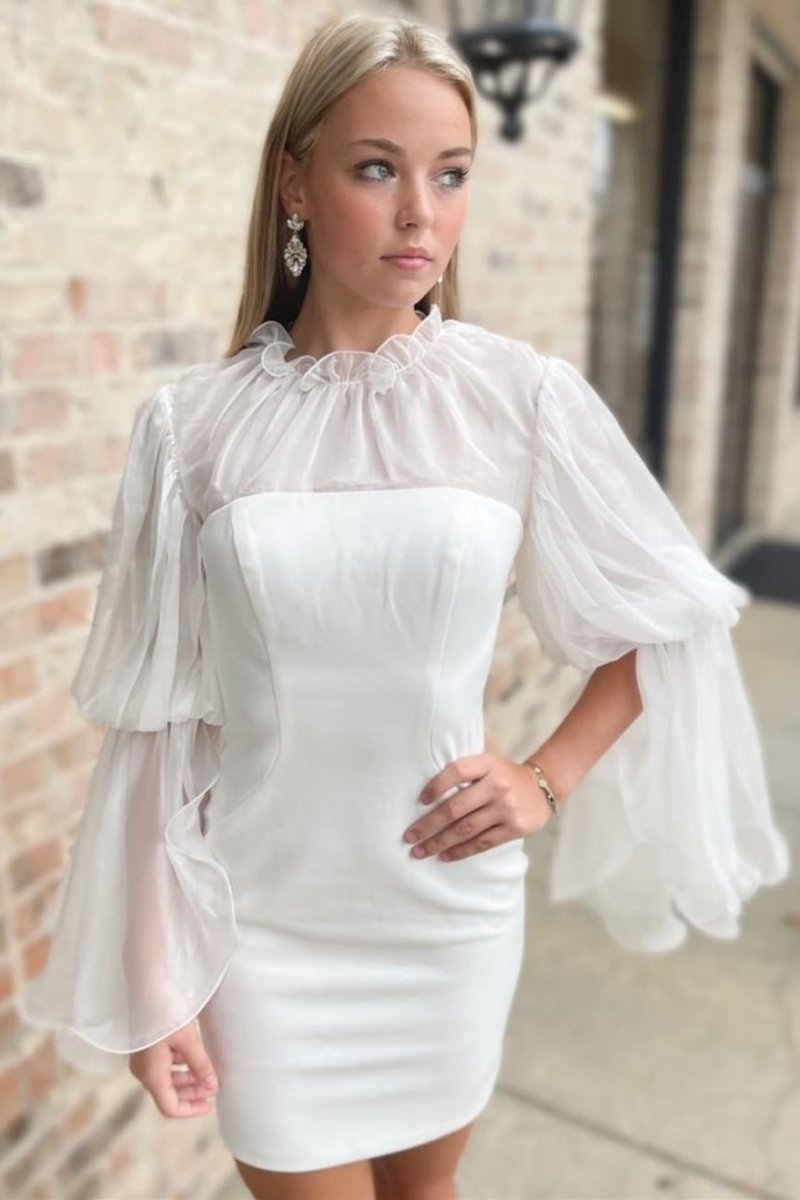 Sheath White Illusion Neck Long Sleeve Short Wedding Dress