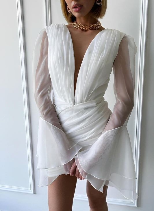Sheath V-Neck Long Sleeves Short Mini Tulle Little White Wedding Dresses