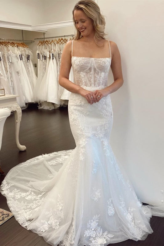 White Lace Spaghetti Straps Mermaid Long Wedding Dress