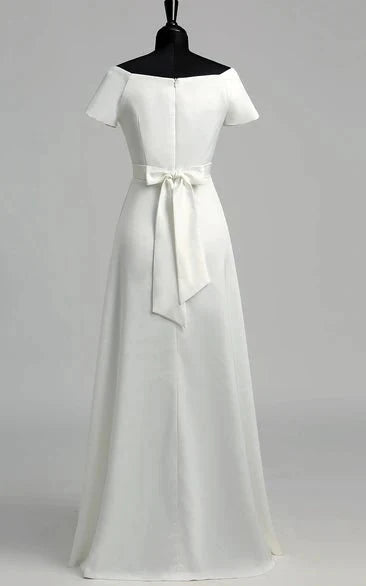 Graceful Off-the-shoulder A-line Beaded Satin Wedding Dress