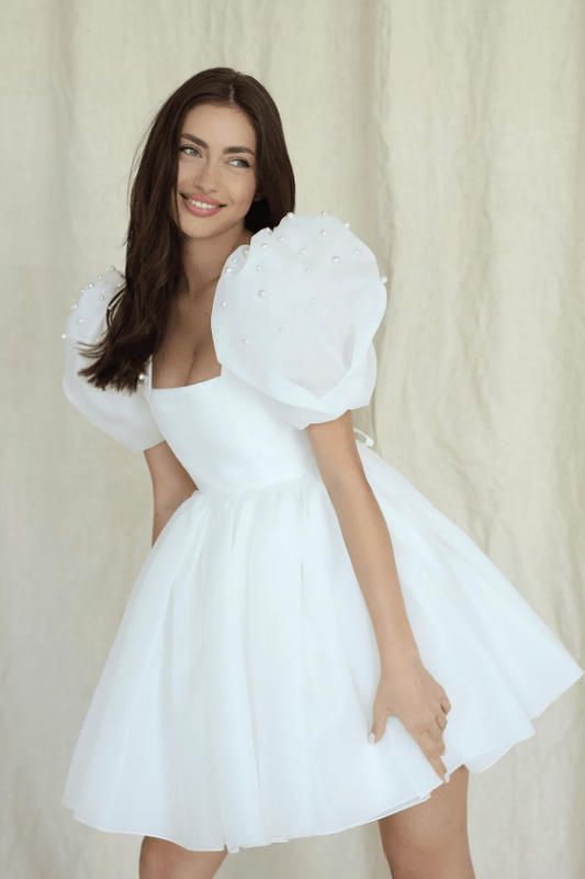 Yuna | A-Line Square-Neck Short Wedding Dress With Puffy Pearls Sleeves