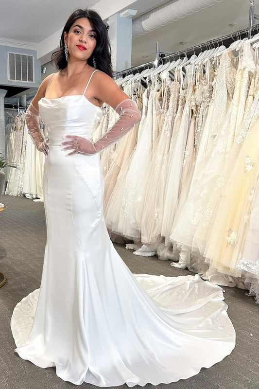 White Cowl Neck Covered Button Back Mermaid Long Wedding Dress