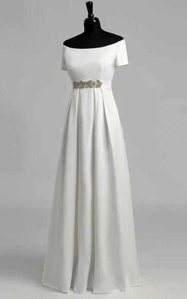 Graceful Off-the-shoulder A-line Beaded Satin Wedding Dress
