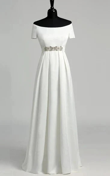 Graceful Off-the-shoulder A-line Beaded Satin Wedding Dress
