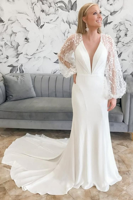 Ivory Plunge V Mermaid Long Wedding Dress with Balloon Sleeves