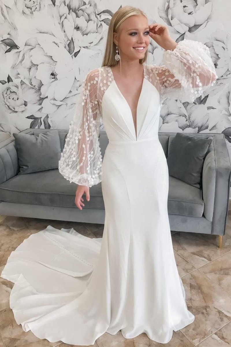 Ivory Plunge V Mermaid Long Wedding Dress with Balloon Sleeves