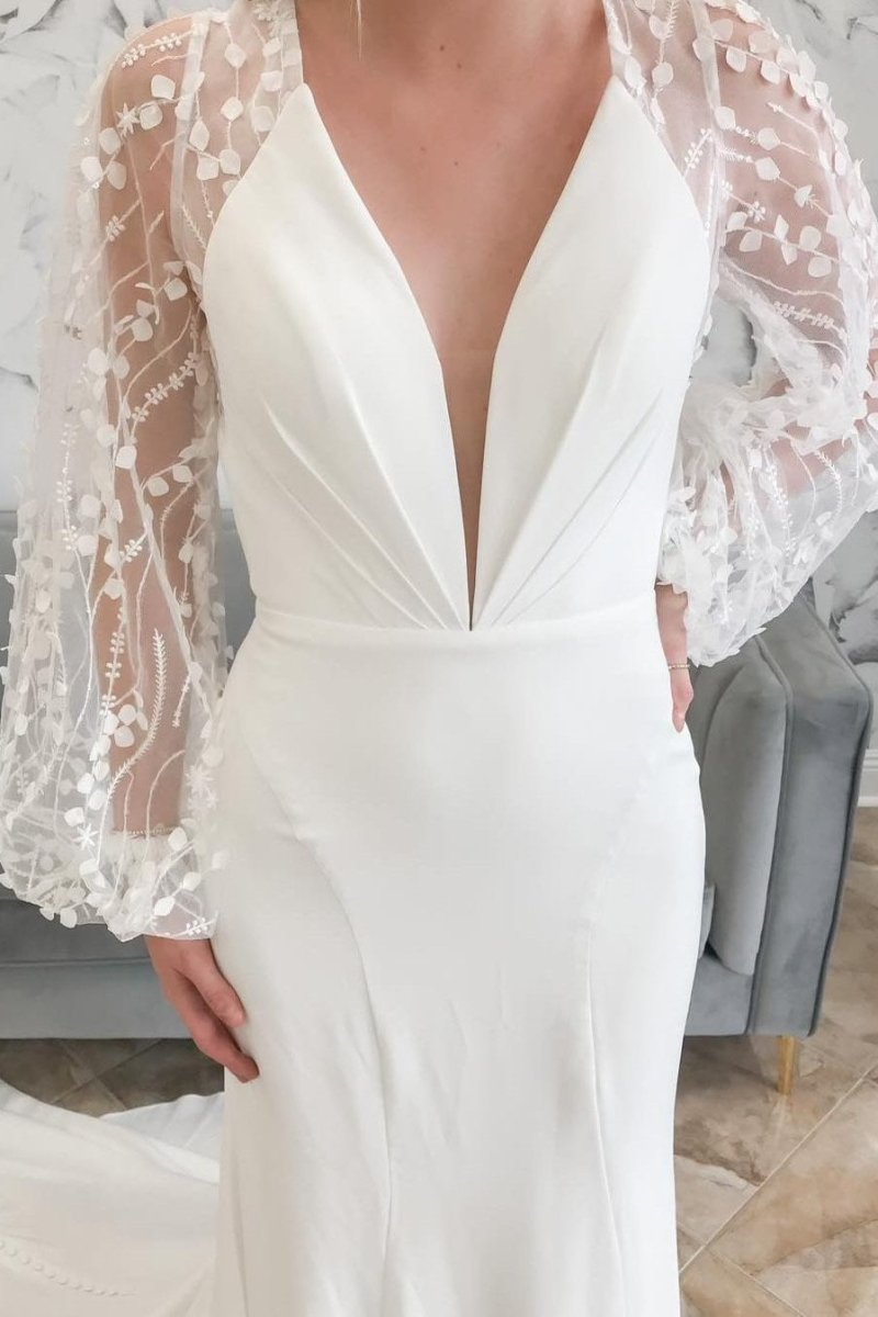 Ivory Plunge V Mermaid Long Wedding Dress with Balloon Sleeves