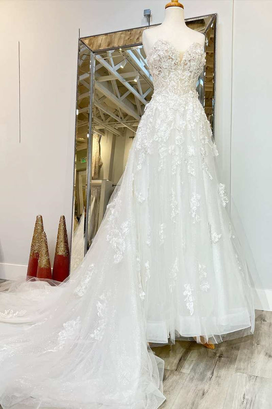 A-Line White Floral Applique Sweetheart Long Wedding Dress with Sweep Train