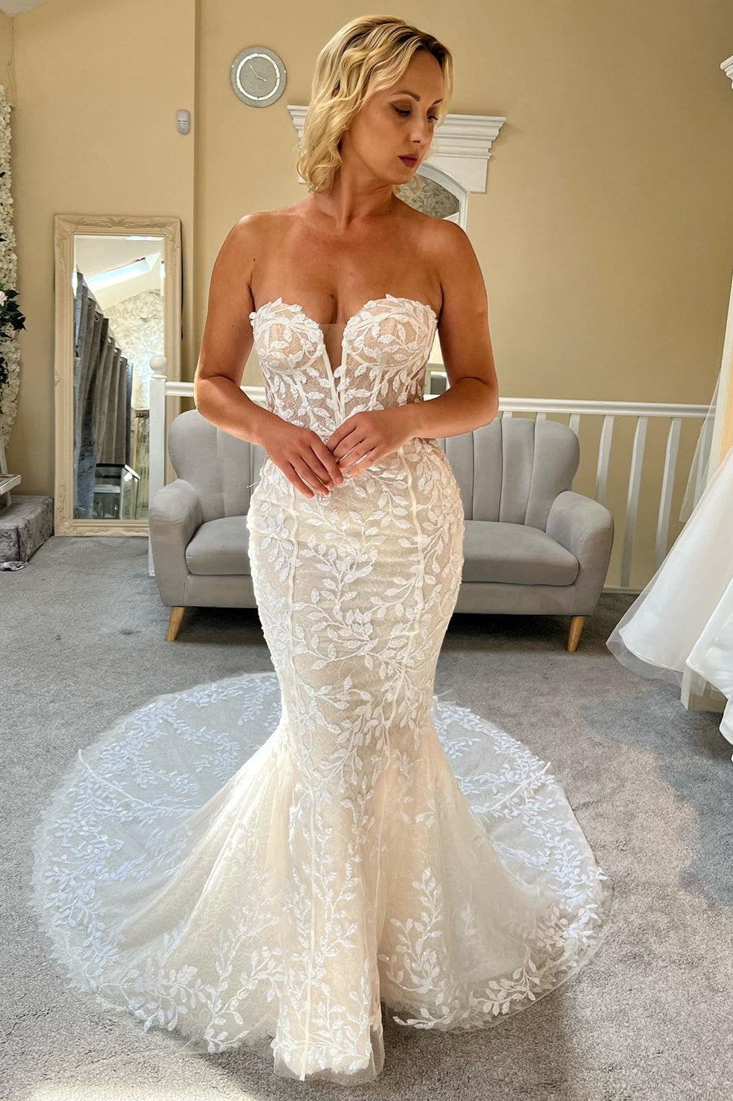 Stormi | Ivory Lace Strapless Mermaid Long Wedding Dress