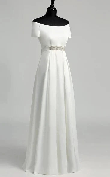 Graceful Off-the-shoulder A-line Beaded Satin Wedding Dress