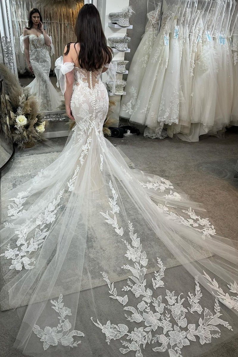 Princesss Mermaid Off the Shoulder Tulle Appliques Wedding Dresses