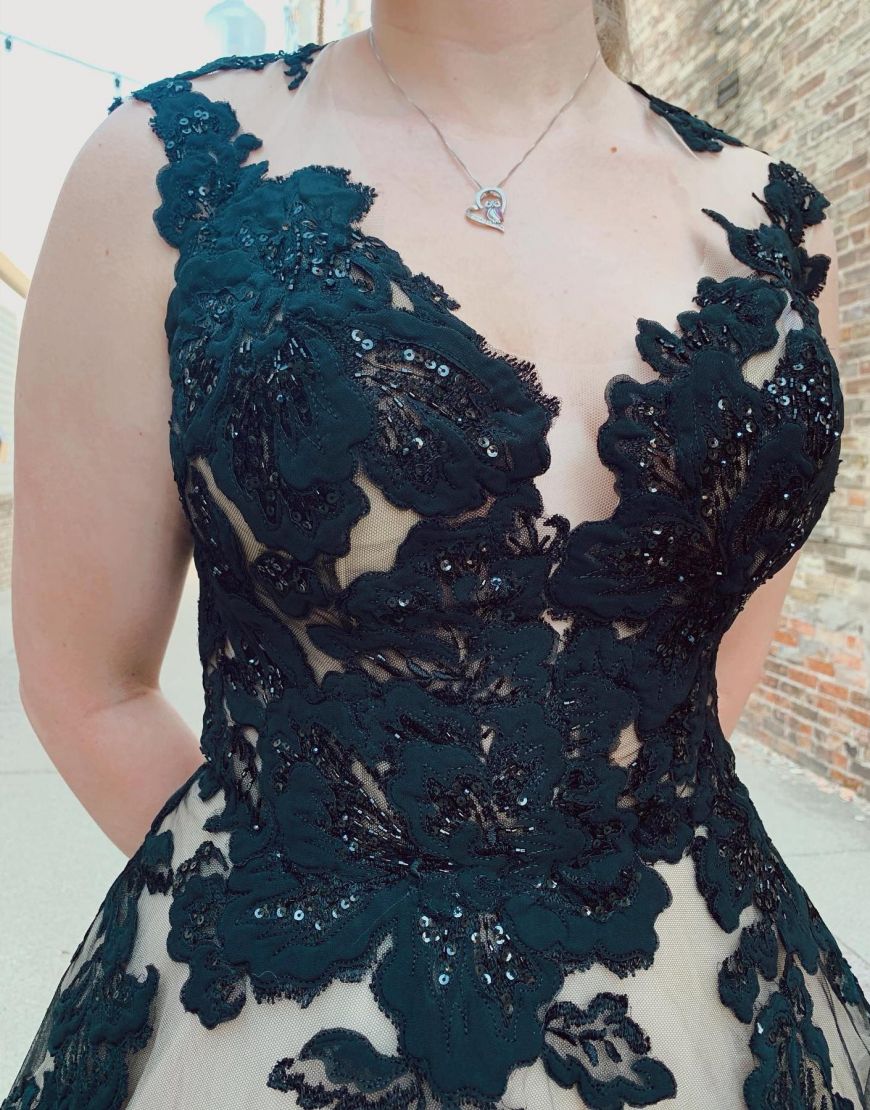 Nala | Black Champagne Open Back Court Train Wedding Dress With Appliques