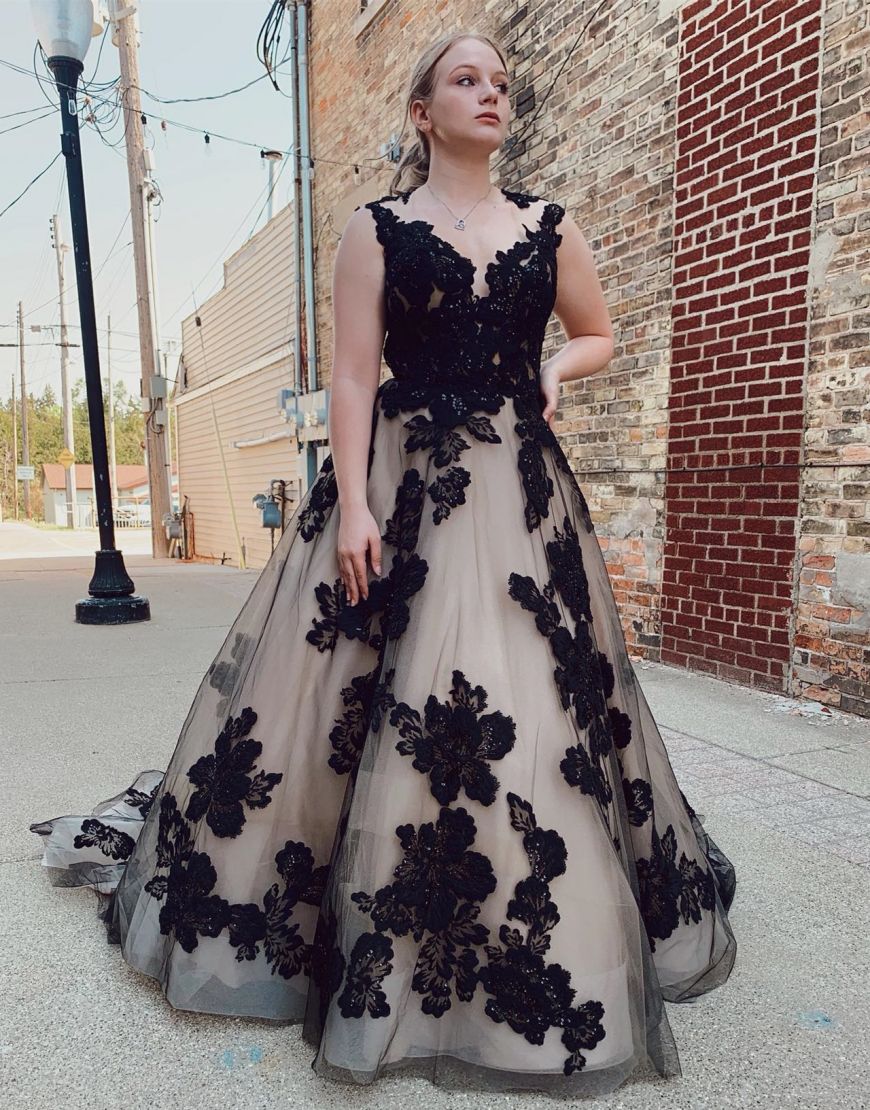 Nala | Black Champagne Open Back Court Train Wedding Dress With Appliques