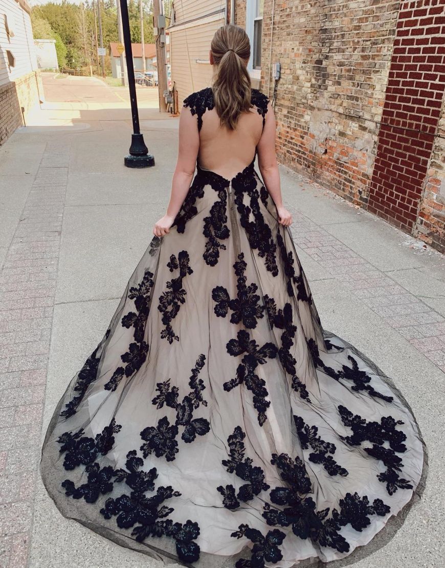 Nala | Black Champagne Open Back Court Train Wedding Dress With Appliques