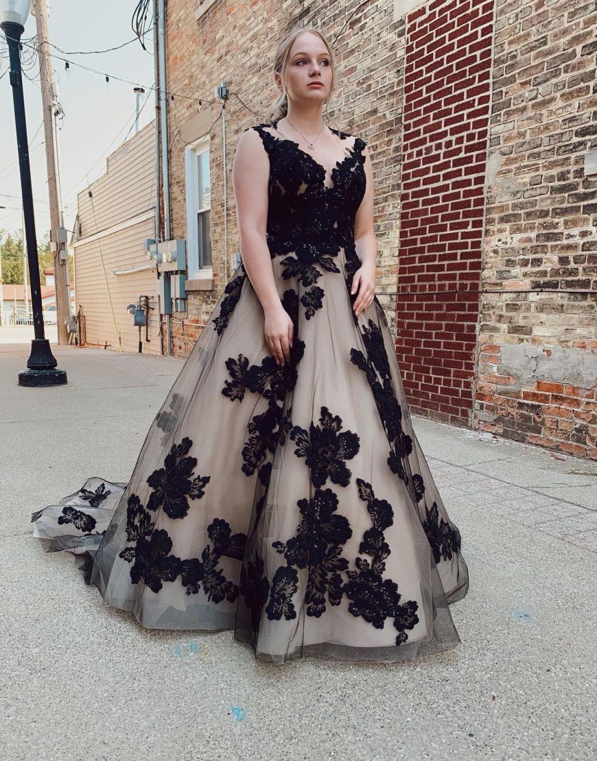 Nala | Black Champagne Open Back Court Train Wedding Dress With Appliques