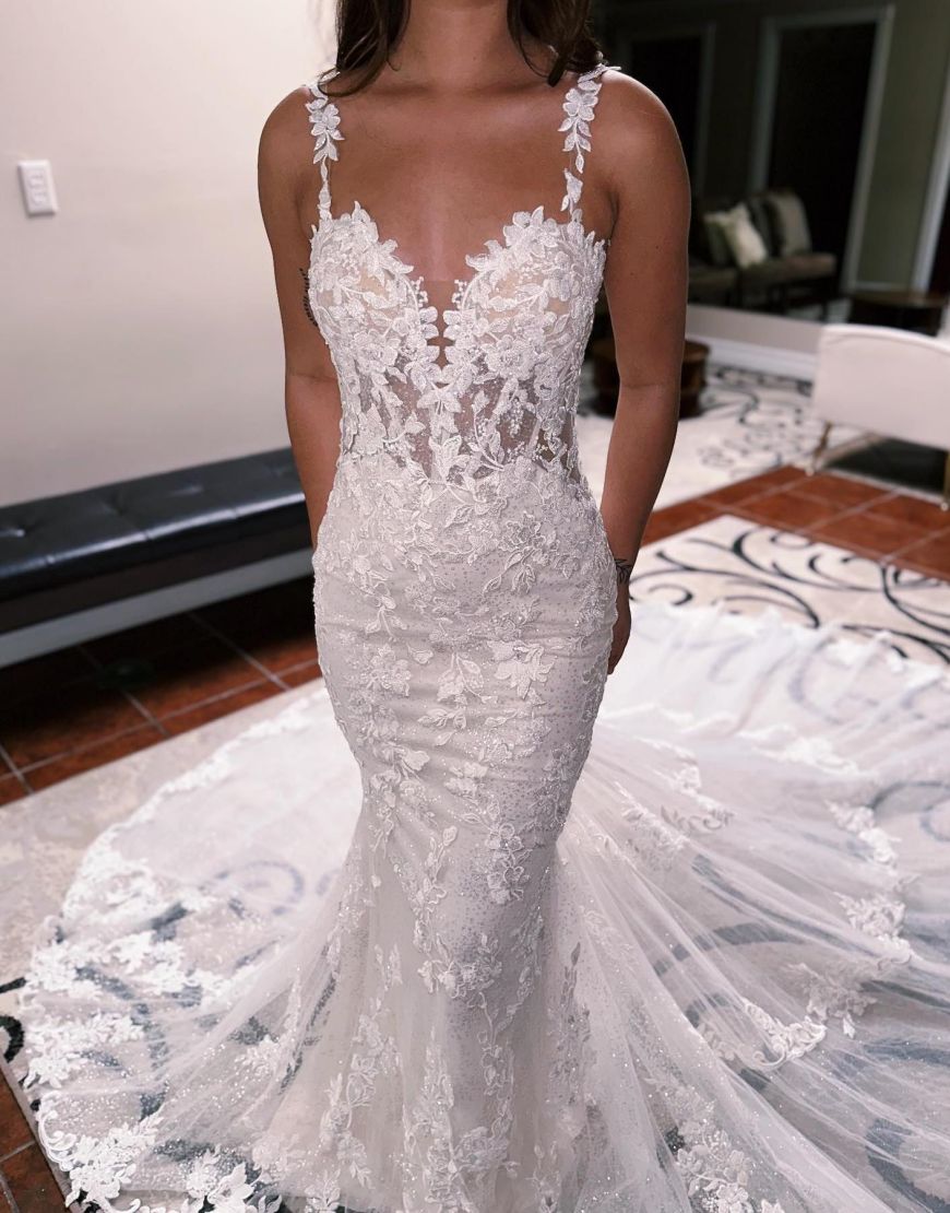 Aila | Mermaid Spaghetti Straps Backless Sweep Train Wedding Dress