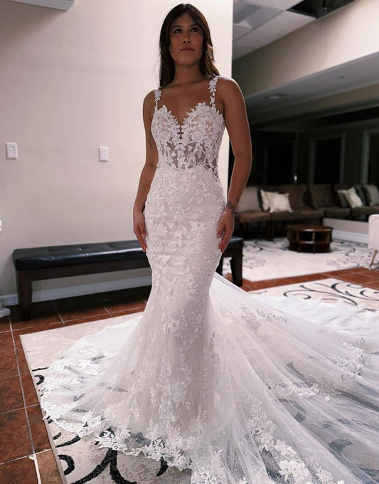 Aila | Mermaid Spaghetti Straps Backless Sweep Train Wedding Dress