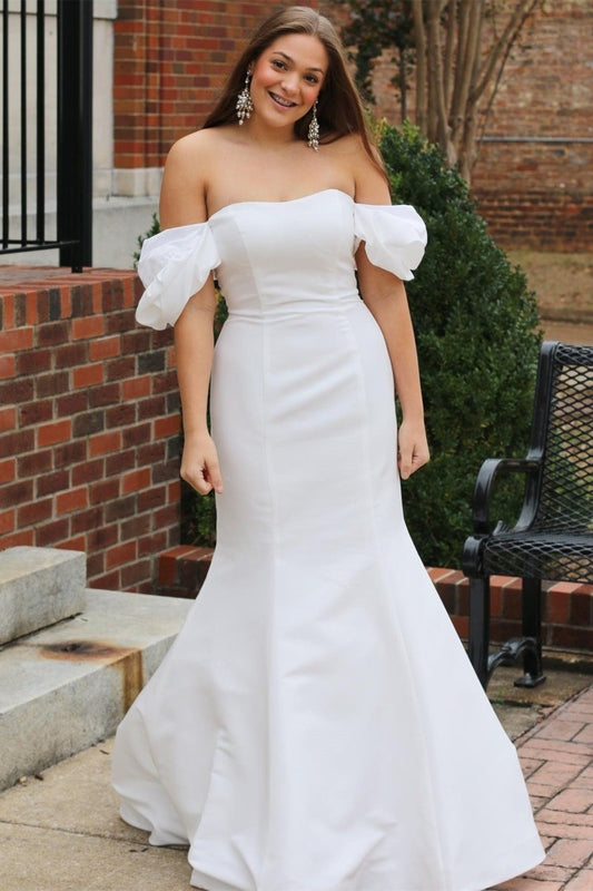 White Off-the-Shoulder Puff Sleeve Mermaid Long Wedding Dress