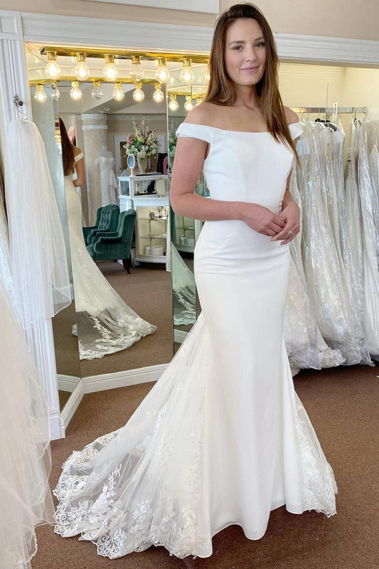 Liberty | White Off the Shoulder Long Mermaid Wedding Dress with Lace Appliques